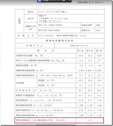 ガデリウス　試験成績表　断熱玄関ドア